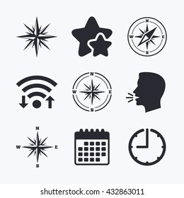 Windrose navigation icons. Compass symbols. Coordinate system sign. Wifi internet, favorite stars, calendar and clock. Talking head. Vector