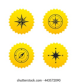 Windrose navigation icons. Compass symbols. Coordinate system sign. Yellow stars labels with flat icons. Vector