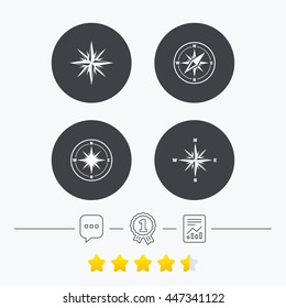 Windrose navigation icons. Compass symbols. Coordinate system sign. Chat, award medal and report linear icons. Star vote ranking. Vector
