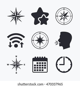 Windrose navigation icons. Compass symbols. Coordinate system sign. Wifi internet, favorite stars, calendar and clock. Talking head. Vector