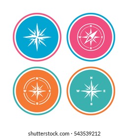 Windrose navigation icons. Compass symbols. Coordinate system sign. Colored circle buttons. Vector