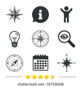 Windrose navigation icons. Compass symbols. Coordinate system sign. Information, light bulb and calendar icons. Investigate magnifier. Vector