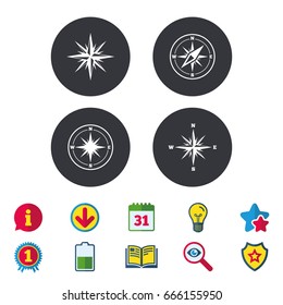 Windrose navigation icons. Compass symbols. Coordinate system sign. Calendar, Information and Download signs. Stars, Award and Book icons. Light bulb, Shield and Search. Vector