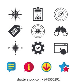 Windrose navigation icons. Compass symbols. Coordinate system sign. Browser window, Report and Service signs. Binoculars, Information and Download icons. Stars and Chat. Vector