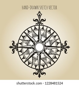 Windrose. Rose of the winds. Design element of vintage nautical maps. Hand-drawn sketch