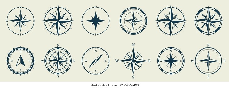 Windrose Silhouette Icon Set. Compass Nautical Navigator Cartography Glyph Pictogram. Rose Wind Navigator Icon. Adventure Direction to North South West East Sign. Isolated Vector Illustration.