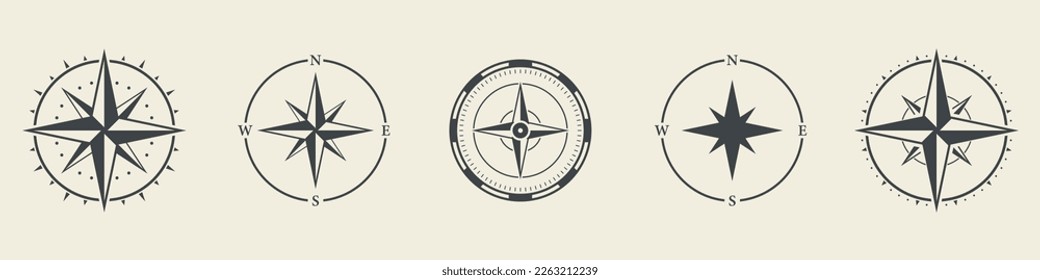 Windrose Silhouette Icon Set. Compass Nautical Navigator Cartography Glyph Pictogram. Rose Wind Navigator Icon. Adventure Direction to North South West East Sign. Isolated Vector Illustration.
