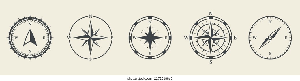 Windrose Silhouette Icon Set. Compass Nautical Navigator Cartography Glyph Pictogram. Rose Wind Navigator Icon. Adventure Direction to North South West East Sign. Isolated Vector Illustration.