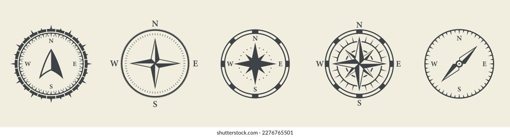 Windrose Silhouette Icon Set. Kompass Nautical Navigator Kartographie Glyph Piktogramm. Rose Wind Navigator Symbol. Abenteuer Richtung Nordwestosten Schild. Einzelne Vektorgrafik.