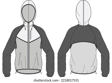 Windrunner Trail Running Jacket Unisex Long Sleeve Hooded Windbreaker Jacket Flat Sketch Vector Illustration Front And Back View Technical Cad Drawing Template.