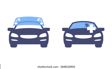 Windscreen Replacement And Fixing Icons For Car Service - Car In Front View With Replacing Of Windshield