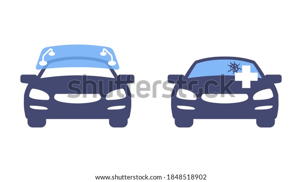 Windscreen replacement and\
fixing icons for car service - car in front view with replacing of\
windshield