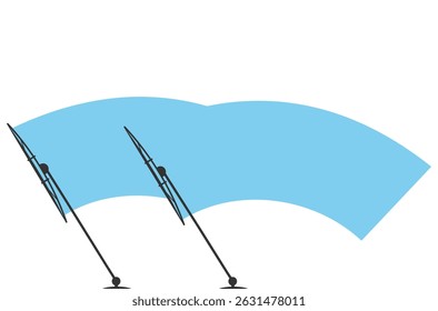 Windshield with blue sky and rain drops on glass showing transport concept with clean surface and spare wiper on white background for auto season safety and blurred motion effect illustration

