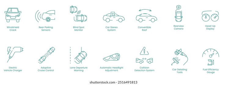 Windschutzscheiben-Crack, Rückwärtspark-Sensoren, Blind-Spot-Monitor, Auto-Stereo-System, Cabrio-Dach, Rückfahrkamera, Head-Up-Display, Ladegerät für Elektrofahrzeuge, Vektorsymbol-Set für adaptive Geschwindigkeitsregelung