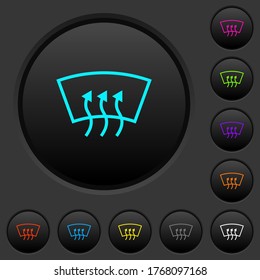 Windshield defrost dark push buttons with vivid color icons on dark grey background
