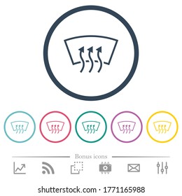 Windshield defrost flat color icons in round outlines. 6 bonus icons included.