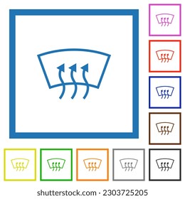 Iconos de color plano desempañado del parabrisas en marcos cuadrados sobre fondo blanco