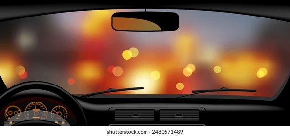 Windschutzscheibenrahmen vor der Kulisse der Nachtbeleuchtung aus dem Inneren des Autos. Web Banner, Poster und Plakatdesign. Vektorillustration