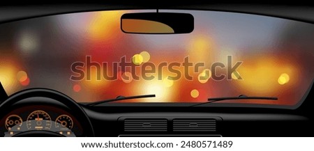 Windshield frame against the backdrop of night city lights from inside the car. Web banner, poster and billboard design. Vector illustration