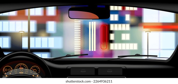 Windshield frame and banner inside the car against the background of a night city illuminated with colorful lights. Modern conceptual vector illustration.