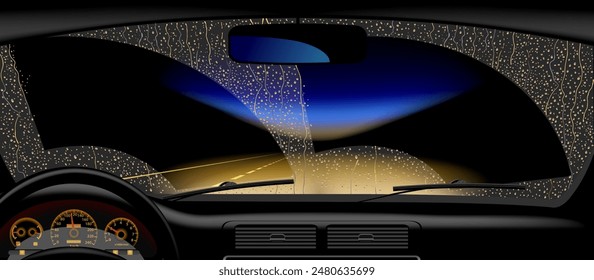 El marco del parabrisas сcubierto con gotas de lluvia contra el telón de fondo de la carretera nocturna desde el interior del coche. Anuncio de Web, diseño de póster y cartelera. Ilustración vectorial. 