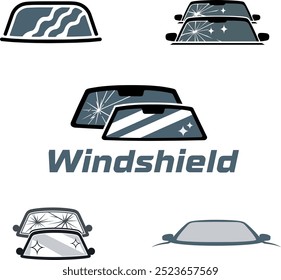 Windschutzscheiben-Icon-Set mit verschiedenen Auto-Frontscheiben-Designs für Reparatur- und Automobildienstleistungen