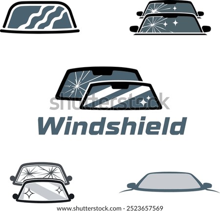 Windshield icon set with various car front window designs for repair and automotive services