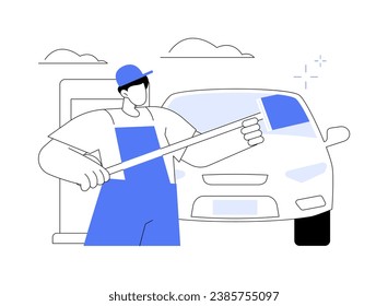 Windshield wash abstract concept vector illustration. Gasoline station workers washing automobile windshield using detergent, personal transport maintenance, car services abstract metaphor.