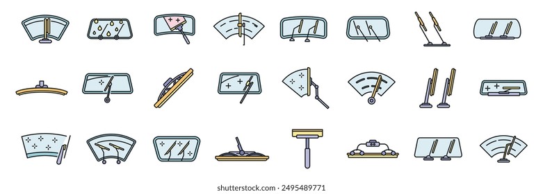 Windshield wiper icons set outline vector. Car blade. Automobile fluid thin line color flat on white