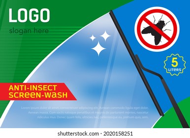 Windshield wiper label template from flies, midges, insects. Concept for cleaning products, screen wash, polishing, nano-coatings 