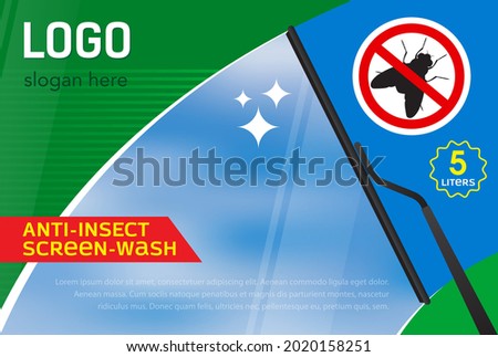 Windshield wiper label template from flies, midges, insects. Concept for cleaning products, screen wash, polishing, nano-coatings 