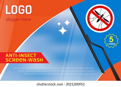 Windshield wiper label template from mosquitoes, insects. Concept for cleaning products, screen wash, polishing, nano-coatings 