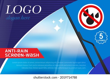 Windshield wiper label template from raindrops. Concept for cleaning products, screen wash, polishing, nano-coatings 