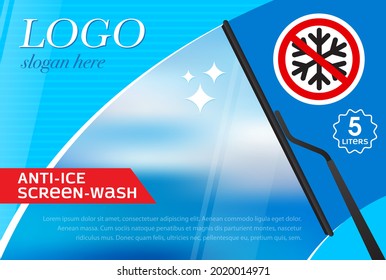 Windshield Wiper Label Template From Snow And Ice. Concept For Cleaning Products, Screen Wash, Polishing, Nano-coatings 