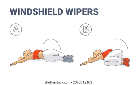 Windshield Wipers Female Exercise Guide Illustration. Colorful Concept of Girl Doing Hip Crossovers Home Workout.