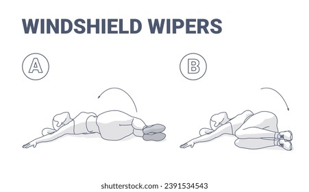 Windshield Wipers Female Exercise Guide Illustration. Black and White Outlined Concept of Girl Doing Hip Crossovers Home Workout.