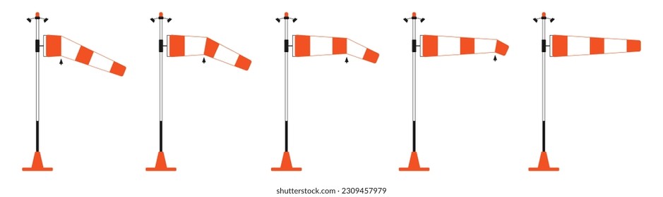 Windsock in different positions. Wind direction indicator. Diagram for determining strength of air flow.