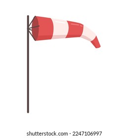 Windsock flat cartoon flag showing wind direction. Airport wind sock in red and white, flat cartoon flag showing wind direction and speed. Meteorology and weather air sock, windy striped flag