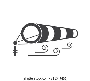 Windsock icon in outline design. Wind speed logo with inflated striped windbag on airport runway. Wind sock logotype or label template. Windy weather meteorologic vector illustration.