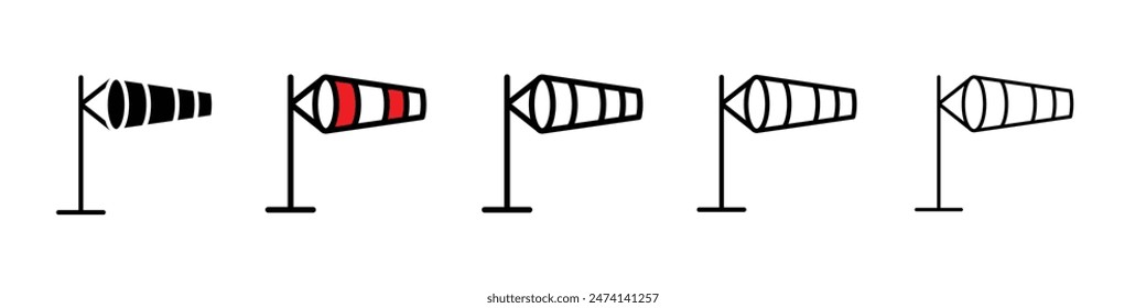 Conjunto de iconos de Windsock. Icono de Vector de bandera de windvane. Señal de advertencia de velocidad de viento para diseños de UI.