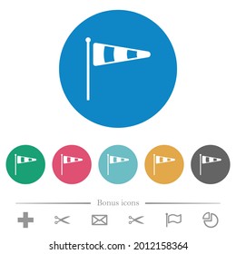 Windsock indicator solid flat white icons on round color backgrounds. 6 bonus icons included.