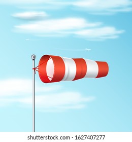 Windsock on the blue sky. Red and white airport wind flag showing wind direction and speed. Realistic vector illustration. 