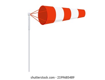 Windsock on pole wind speed flag vector illustration. Weather orange and white stripe wind cone for airport ground wind force and speed indication. Flat design cartoon style illustration.