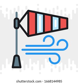 Windsock or wind speed flag icon for weather forecast application or widget. Color version on light gray background