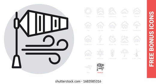 Windsock or wind speed flag icon for weather forecast application or widget. Simple black and white version. Free bonus icons kit included