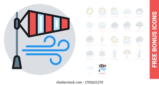 Windsock or wind speed flag icon for weather forecast application or widget. Simple color version. Free bonus icons kit included