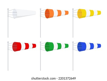 Windsock wind speed indicators icon set vector illustration. Weather green blue red orange yelloy and white stripe wind cone ground wind force and speed indication. Flat design cartoon clip art.