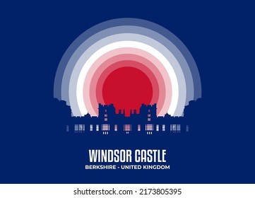 Windsor Castle illustration. Famous statue and building in moonlight illustration. Color tone based on official country flag. Vector eps 10. svg