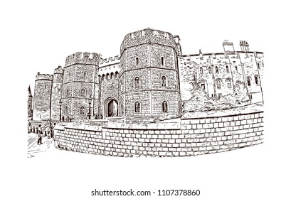 Windsor is a town on the River Thames in southeast England, just west of London. Hand drawn sketch illustration in vector.