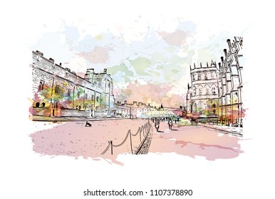 Windsor is a town on the River Thames in southeast England, just west of London. Watercolor splash with Hand drawn sketch illustration in vector.